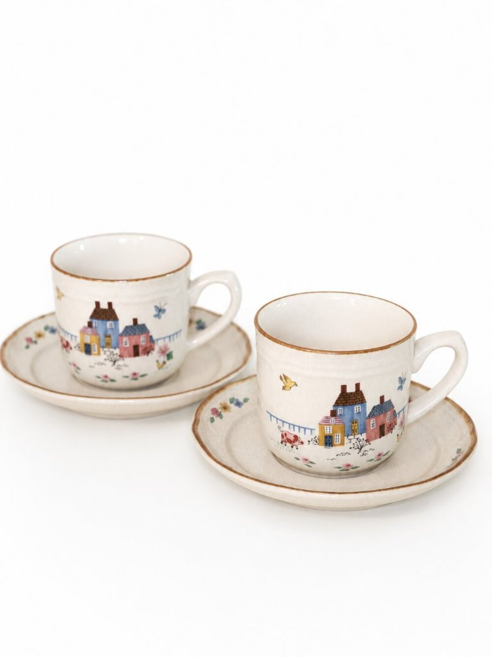 International Tableworks Japan Stoneware Village Cottage Cups & Saucers Set of 2